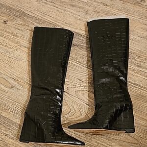 SCHUTZ Black Over the Knee Croc-Embossed Boots